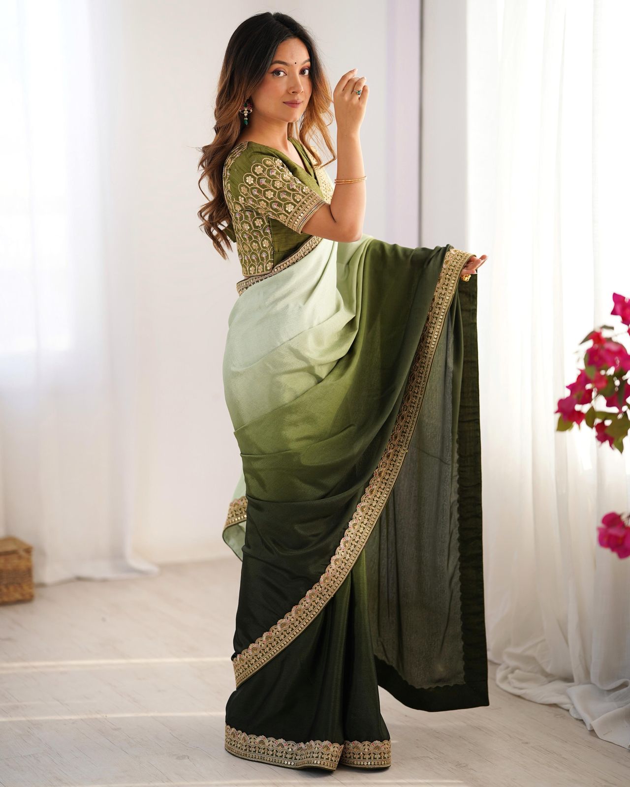 Shanvika pista green pure Chinon silk saree with delicate thread embroidery and sequin lace border, paired with unstitched Mono Benglori embroidered blouse fabric – perfect for weddings, festive celebrations, and party wear